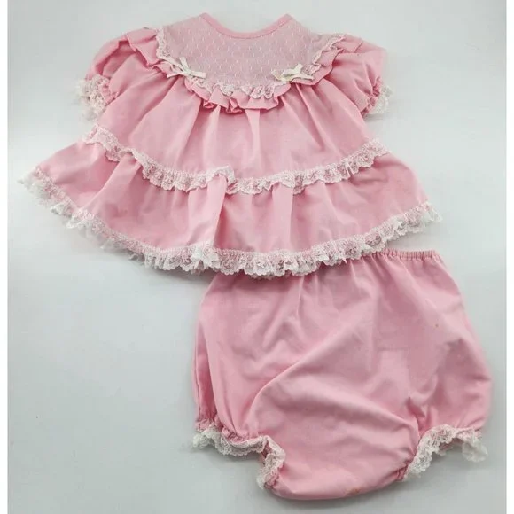 Vtg Baby Girls Pink Tiered Ruffle White Lace Trim Dress/Bloomers RN 50255 Sz 18M - Picture 1 of 16